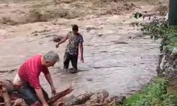 Selde sürüklenen kütükleri dere yatağından topladılar
