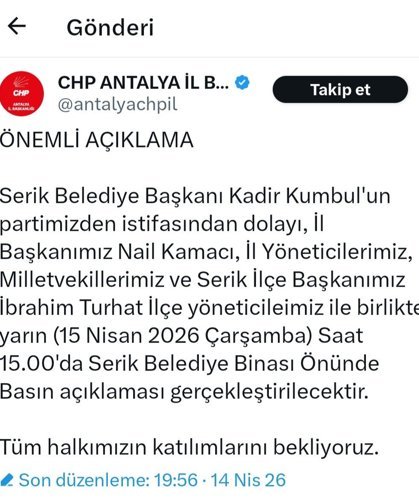 CHP Antalya İl Başkanlığı: Serik Belediye Başkanı Kumbul, partimizden istifa etti