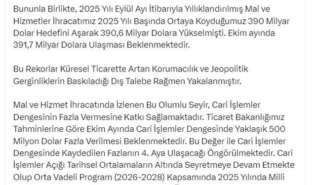 Bakan Bolat: Ekimde cari işlemler dengesinde 500 milyon dolar fazla bekleniyor