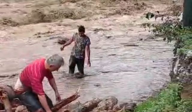 Selde sürüklenen kütükleri dere yatağından topladılar