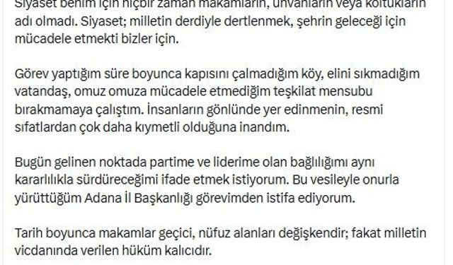 AK Parti Adana İl Başkanı Dağlı istifa etti