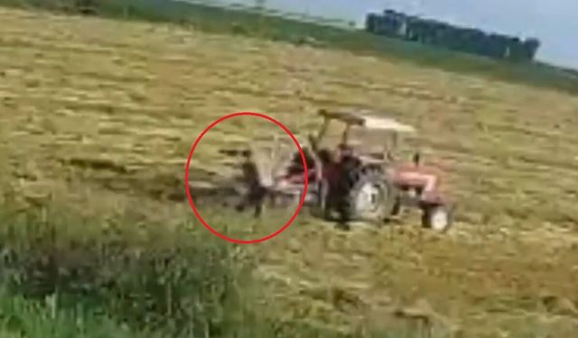 Tarım aletinde sıkışan çiftçi yaralandı, olay kamerada