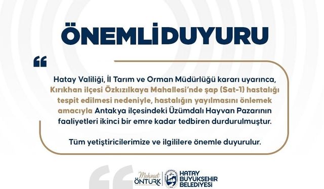 Hatay'da Üzümdalı Hayvan Pazarı, şap hastalığı nedeniyle geçici olarak kapatıldı