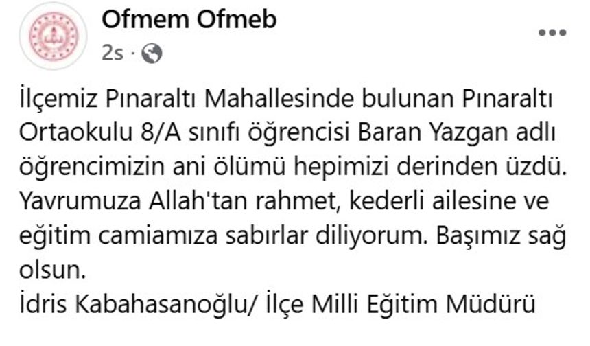 Okulda fenalaşan ortaokul öğrencisi hayatını kaybetti