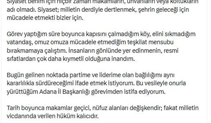 AK Parti Adana İl Başkanı Dağlı istifa etti