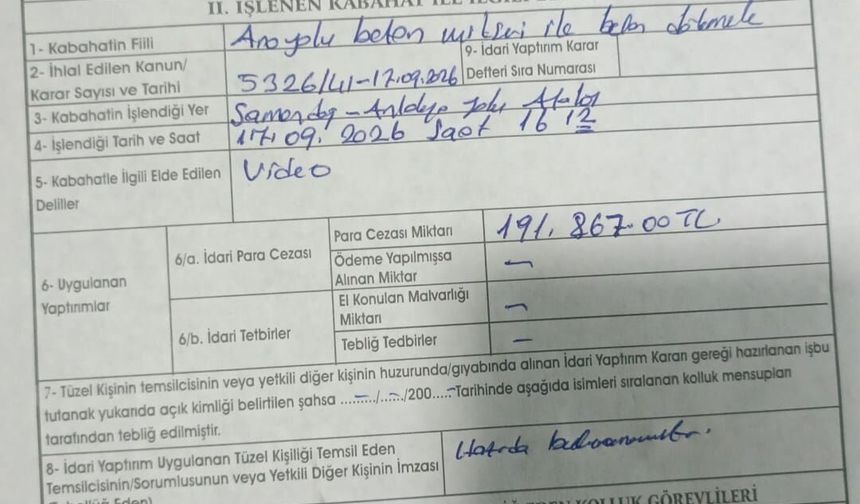 ​Yola beton dökerek ilerleyen mikserin sahibine 191 bin 867 TL ceza