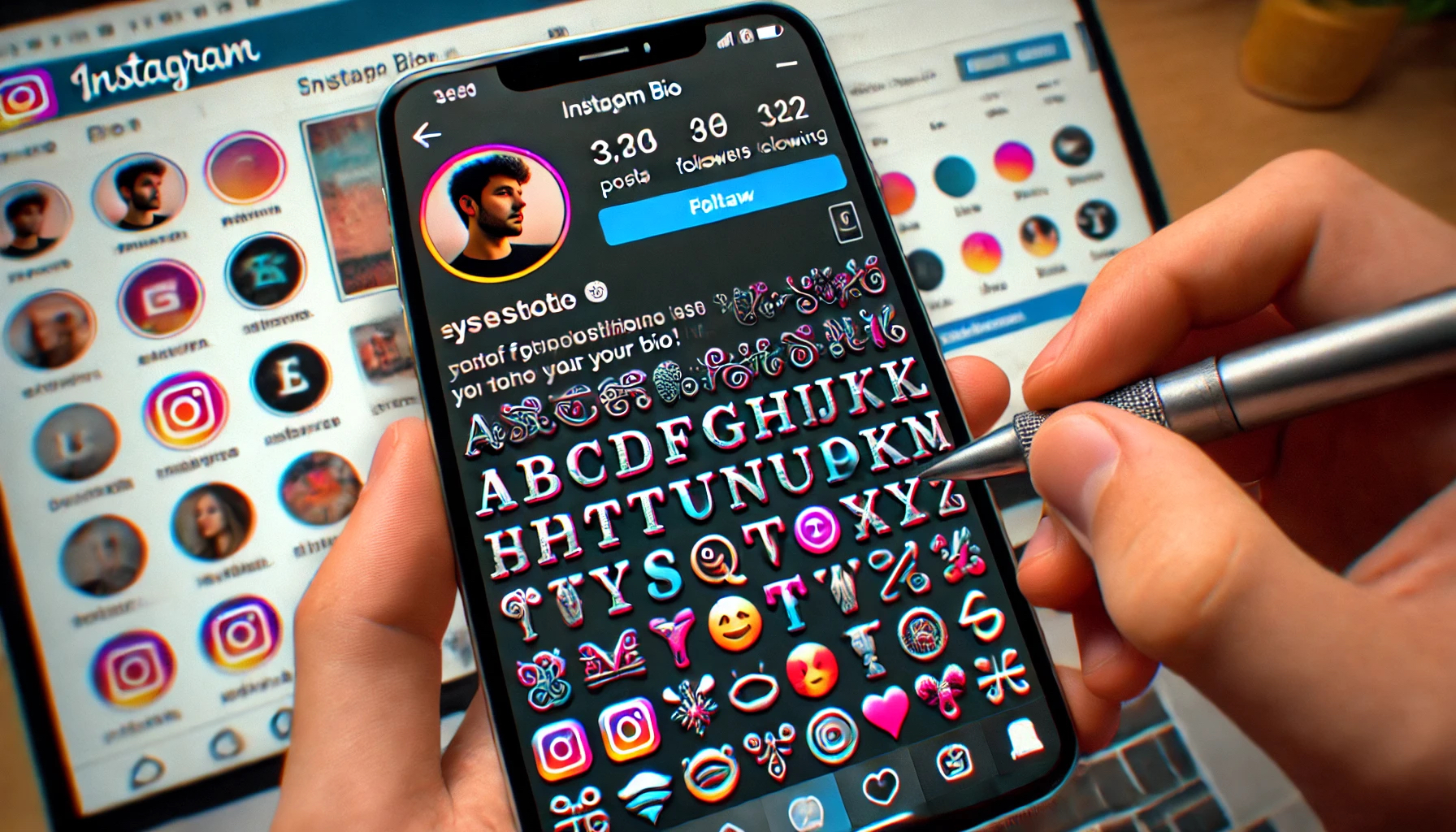 Dall·e 2024 10 18 11.37.31 An Instagram User Editing Their Profile With A Stylized Text Tool. The Scene Shows The Instagram Bio Section Where The User Is Applying Decorative Fon