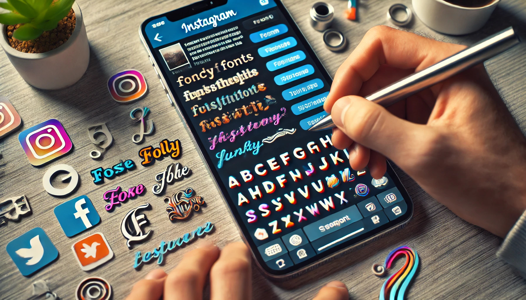 Dall·e 2024 10 18 11.38.01 An Instagram User Creating A Post With Stylized Text. The Scene Shows The Instagram Post Editor Where The User Is Applying Fancy Fonts, Special Charac