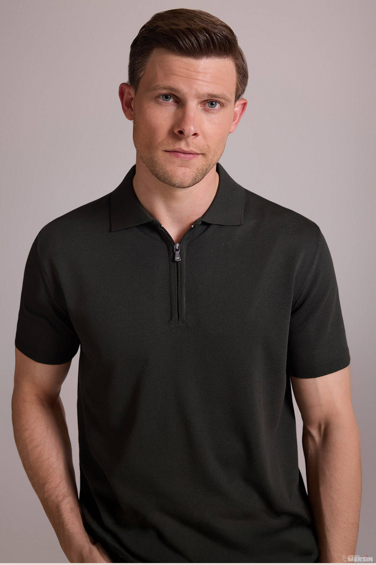 Erkek Yesil Regular Fit Polo Yaka Fermuarli Triko Tisort Polo Yaka T Shirt Ysf 56793 43 B
