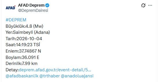 Adana'da 4.8 büyüklüğünde deprem